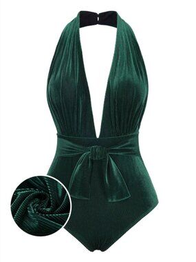 Velvet Dark Green Halter Swimsuit Retro